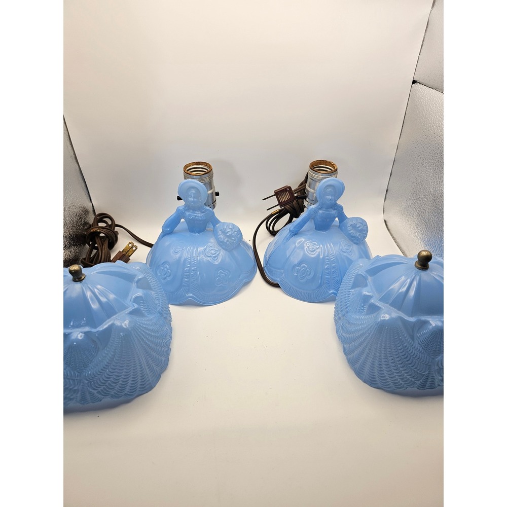 Vintage Blue Satin Glass Southern Belle Boudoir Lamps Pair Figural Set of 2